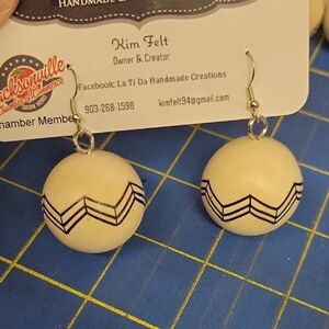 Geometric Chevron Stripe Wooden Ball 1.5" Earrings Cream Black